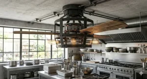 Industrial-style ceiling fan with metal detailing suited for a professional kitchen layout.