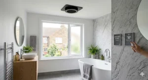 A British electrician installing a high-power inline centrifugal extractor fan unit with flexible insulated ducting inside a domestic loft space above a bathroom.