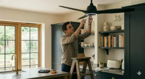 Modern kitchen ceiling fan with integrated LED lighting for practical task illumination.