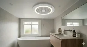 IP44 bathroom ceiling fan featuring an integrated circular LED light for modern homes.