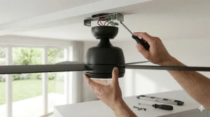 Step-by-step guide showing the secure ceiling mounting process for an IP44 rated fan.
