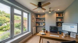 An integrated LED ceiling fan illuminating a wooden desk setup in a contemporary British study, showcasing dual-purpose lighting and cooling.