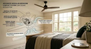 Low-profile ceiling fan with flush mount fitting for master bedroom with lower ceiling.