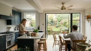 A low-profile ceiling fan for a kitchen diner with lower ceilings, mounted neatly above the dining table.