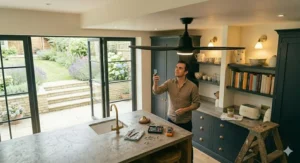 Low-profile modern ceiling fan ideal for kitchens with lower ceiling heights.