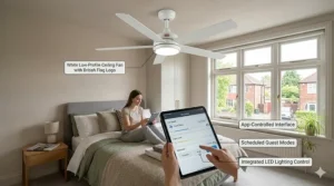 Low profile flush mount ceiling fan installed in a guest bedroom with standard ceiling height.