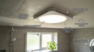 A sleek, matte black wetroom ceiling fan integrated into a modern bathroom ceiling with LED downlights, showcasing a minimalist design suitable for contemporary British homes.
