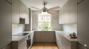 A minimalist ceiling fan design that complements a modern galley-style kitchen without cluttering the ceiling space.