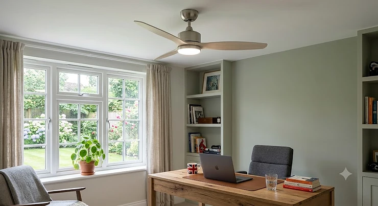 A sleek, modern ceiling fan with integrated LED light installed on the ceiling of a contemporary British study room, hanging above a timber desk with a laptop. ceiling fan for study room