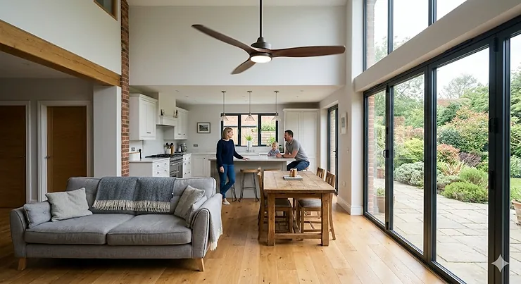 Stylish dark wood ceiling fan circulating air in a large, modern UK open plan living and dining area with high ceilings and bi-fold doors. ceiling fans for open plan living