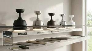A selection of available metallic and matte finishes for the IP44 ceiling fan with light range.