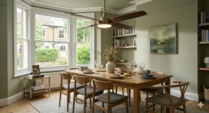 Contemporary dining room interior featuring a stylish, dark wood ceiling fan and soft lighting.