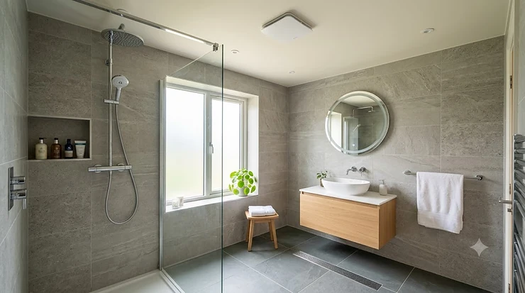 A photorealistic, light-filled modern British wetroom featuring large grey tiles, a walk-in rainfall shower, a light wood vanity, and a minimalist white square ceiling fan mounted above the frosted casement window. wetroom ceiling fans