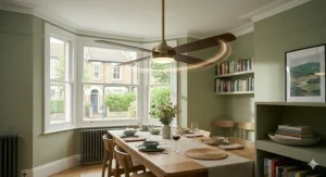Neutral-toned ceiling fan complementing the soft, minimalist decor of an elegant dining space.