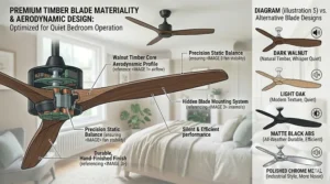 Ceiling fan featuring natural timber blades and a matte black housing.