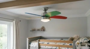 Decorative pastel-coloured ceiling fan adding a playful touch to a coordinated boys' bedroom.