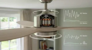 Close-up illustration of an energy-efficient DC motor inside a ceiling fan, highlighting its quiet operation for a distraction-free study room.