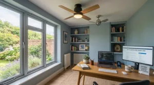 An energy-efficient DC motor ceiling fan with dark wood blades in a home office, highlighting low-decibel, quiet operation perfect for video calls.