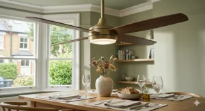 Minimalist quiet-motor ceiling fan installed above a wooden dining table for comfortable dining.