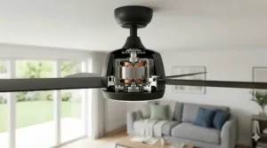 Technical cutaway view of the silent motor technology inside an IP44 ceiling fan with light.