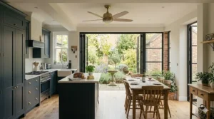 Hand holding a remote control for a ceiling fan in a stylish open-plan kitchen diner.