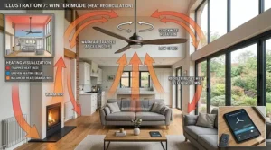 Detailed illustrative diagram showing how the ceiling fan’s reversible motor operates in winter mode to push rising warm air down, improving heating efficiency in an open plan home.