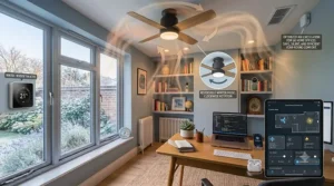 Infographic illustrating a ceiling fan in winter mode, showing clockwise blade rotation pushing warm air down into a home study setup.