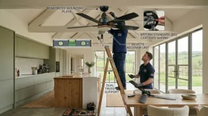 Showing the installation of a rustic, industrial-inspired farmhouse ceiling fan in a high-ceiling country kitchen.