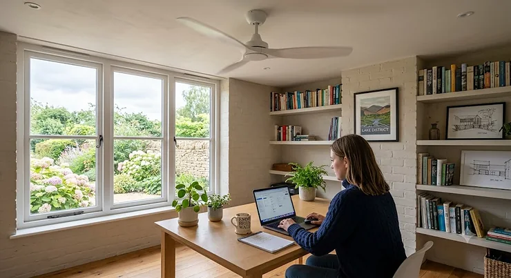 Modern silent ceiling fan for home office installed above a wooden desk with a laptop, promoting a quiet and productive workspace. silent ceiling fan for home office