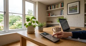 Sleek multi-speed remote control for a silent ceiling fan resting on a home office desk alongside a keyboard and a mug of tea.