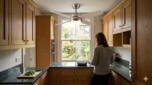 A silent, high-performance ceiling fan keeping a small kitchen cool and comfortable during cooking.