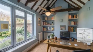 A small, compact three-blade ceiling fan perfectly proportioned for a small spare bedroom converted into a home office or study.