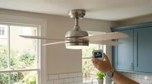 A smart ceiling fan with app-controlled settings, perfect for modern, automated small kitchen ecosystems.