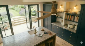 Smart-enabled modern kitchen ceiling fan featuring remote and app-controlled airflow.