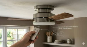 Smart-controlled kitchen ceiling fan with remote settings for adjustable airflow.