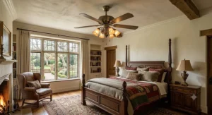 A cosy, traditional-style bedroom featuring a ceiling fan with an antique-finish light fixture.