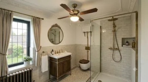 An elegant antique brass ceiling fan with wooden blades inside a classic Victorian style ensuite featuring a roll-top bath.