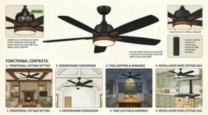 A close-up of a traditional oak-bladed ceiling fan installed in a bright farmhouse-style kitchen.