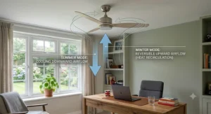 A classic ceiling fan featuring rich timber blades and brass fittings, installed in a traditional British home library and study room.