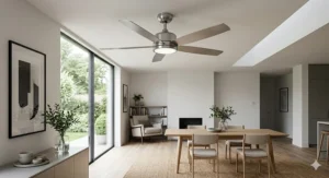 A contemporary brushed steel ultra quiet ceiling fan, showcasing its modern finish suitable for minimalist interior design.