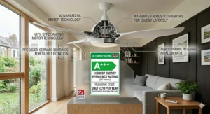 A premium ultra quiet ceiling fan display stand within a UK home, prominently highlighting its high energy efficiency rating for UK properties.