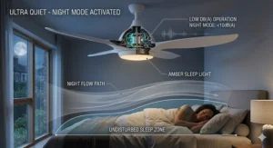 A serene bedroom scene featuring an ultra quiet ceiling fan set to a specific night mode for undisturbed sleep, with low decibel operation indicated.