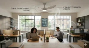 A professional office space utiliseing an ultra quiet ceiling fan to maintain a comfortable, distraction-free environment for focused work.