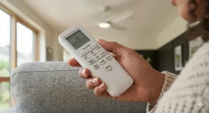 A detailed close-up of the ergonomic remote control interface for an ultra quiet ceiling fan, showing clear functions for fan speed and lighting.