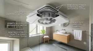 A technical cross-section diagram showing the IP-rated sealing and brushless motor components of a wetroom ceiling fan, highlighting the waterproof design required for UK installations.