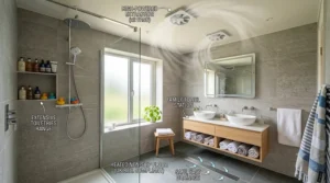 A close-up of a wetroom ceiling fan featuring a flush-mounted LED light, providing bright and energy-efficient illumination for a modern, steam-free bathroom.