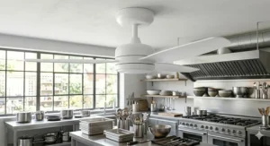 Minimalist white ceiling fan blending seamlessly into a bright kitchen ceiling.