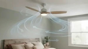 Illustration showing the optimal airflow pattern of a hugger fan in a room with limited ceiling height.