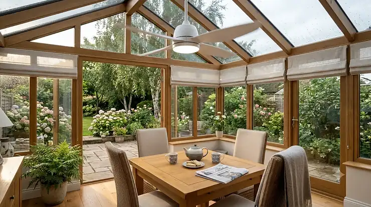 Modern white conservatory ceiling fan with integrated LED light spinning in a bright, brick-built UK conservatory overlooking a garden. conservatory ceiling fans