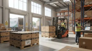 Pallets of packaged office ceiling fans ready for fast UK-wide wholesale delivery to commercial buyers.